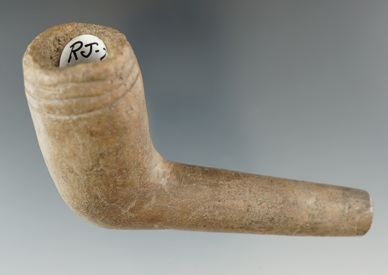 3 3/4" long by 2 1/4" tall Iroquois clay ring bowl pipe which is restored - Ontario CA.