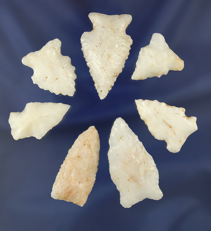 Set of seven Quartz arrowheads found in Alabama, largest is 1 5/8".