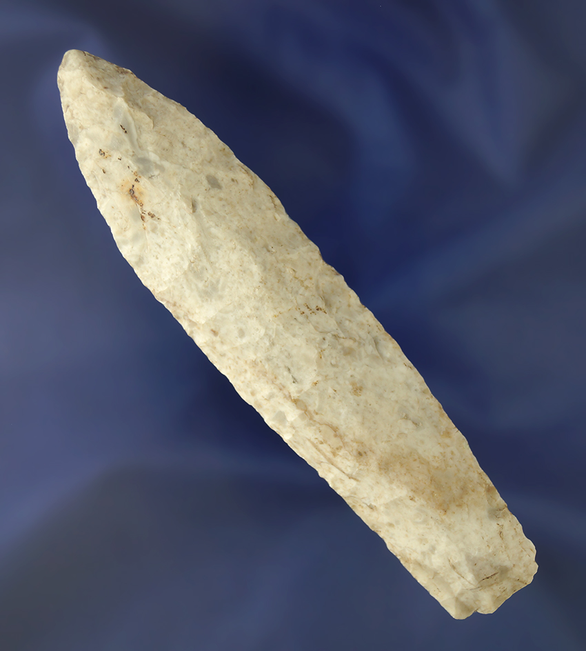 Heavily patinated 4 1/2" Burlington chert Sedalia found in central Illinois. Dickey COA.