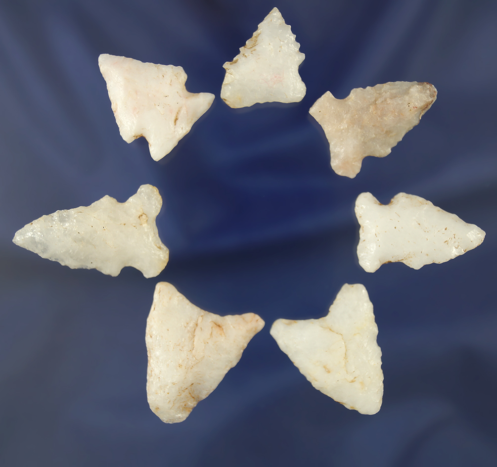 Set of seven assorted Quartz arrowheads found in Alabama, largest is 1 1/2".