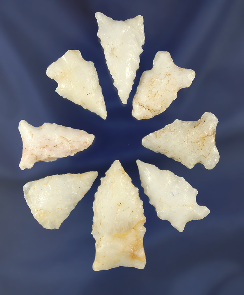 Set of eight assorted Quartz arrowheads found in Alabama, largest is 1 13/16".