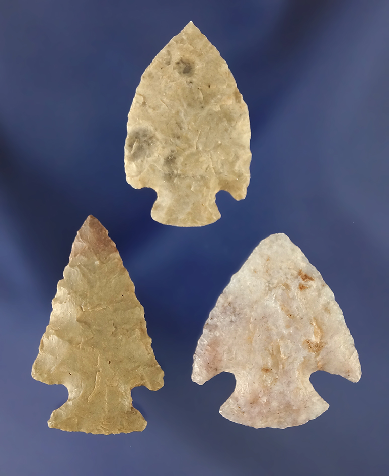 Set of three nicely made Cornernotch arrowheads from the Ricky Ellis collection. New Mexico.