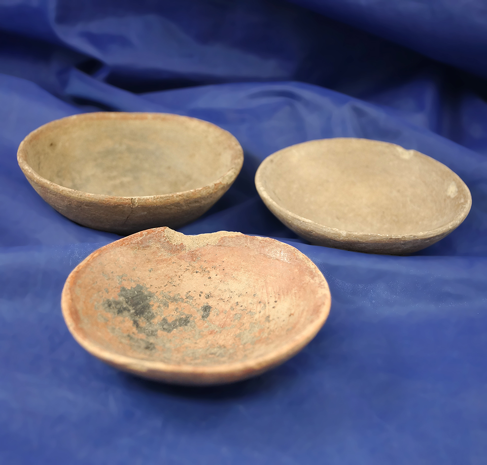 Set of three pre-Columbian miniature pottery bowls. Largest is 3 3/4" diameter.