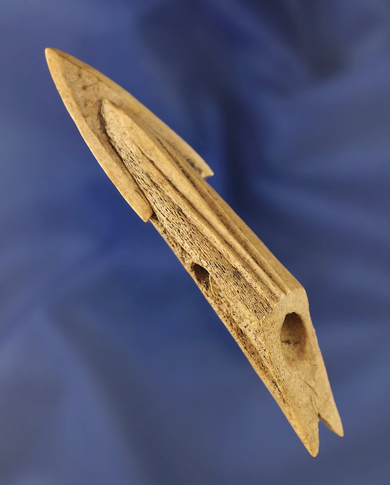 Excellent engraving - 3 7/16" bone Eskimo harpoon toggle with the original bone harpoon tip