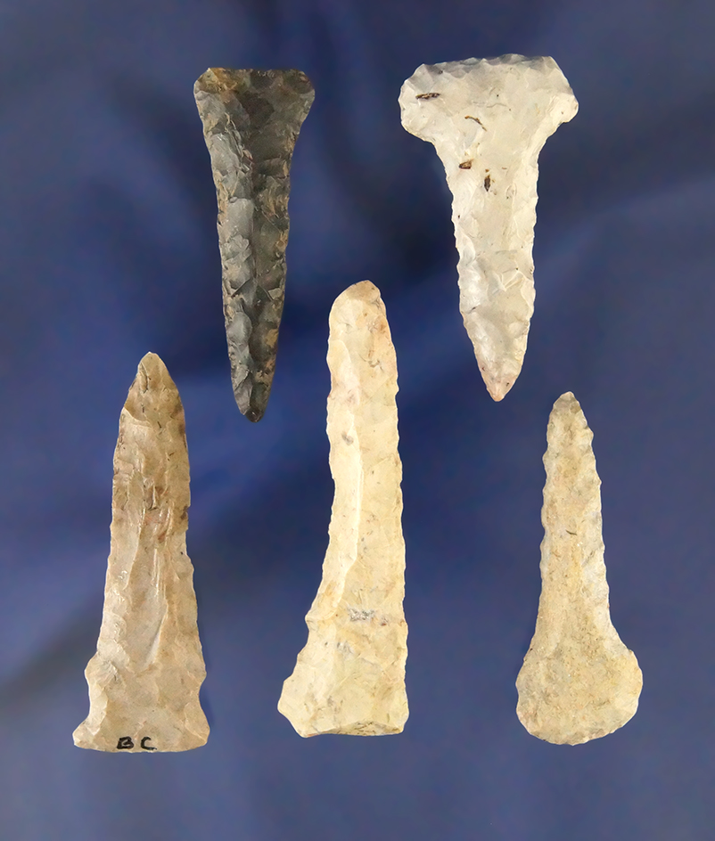 Set of five assorted Drills, largest is 2 1/8" found in Ohio. Ex. Butch Chapman collection.