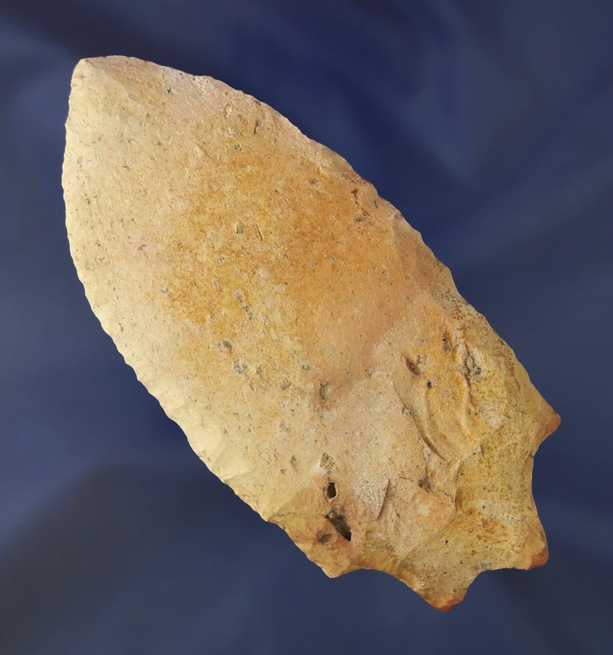 Large 4 1/2" flaked Knife found in Alabama. Large stack on reverse side.