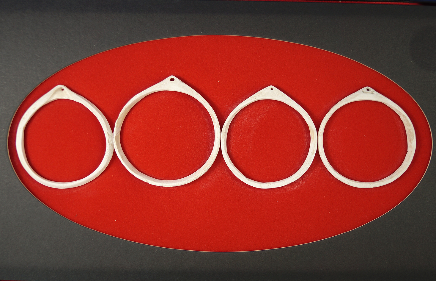 Nice framed set of four shell bracelets or ornaments found in New Mexico. Largest is 3" long.