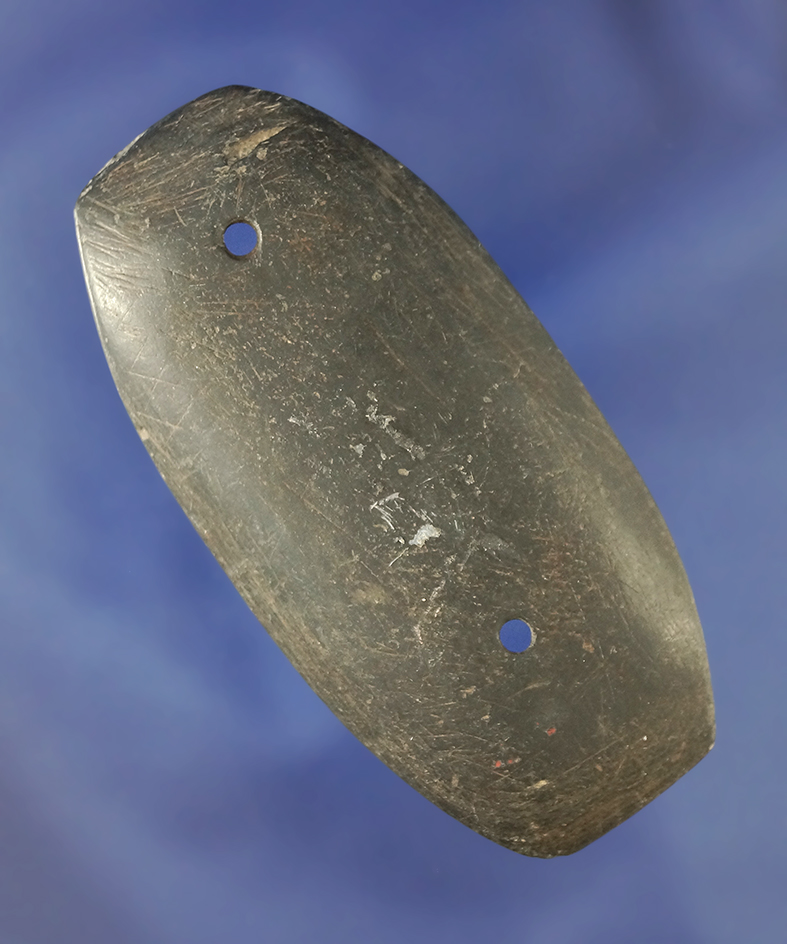 Excellent polish that is nicely styled 2 5/8" two-hole Miniature Gorget  found in Henry Co.,  Ohio.