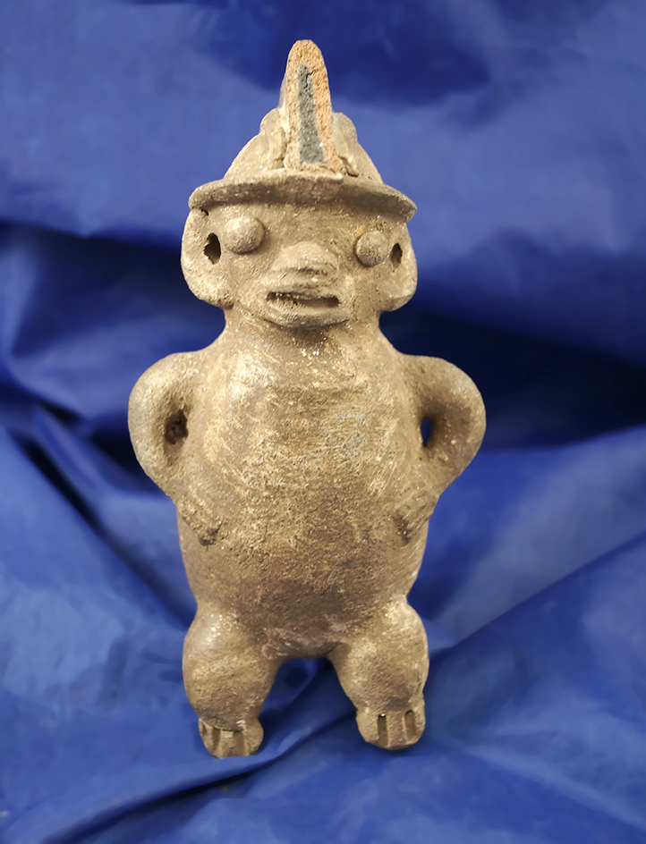 6" tall Pre-Columbian pottery figure found in Mesoamerica. Some damage to headgear.