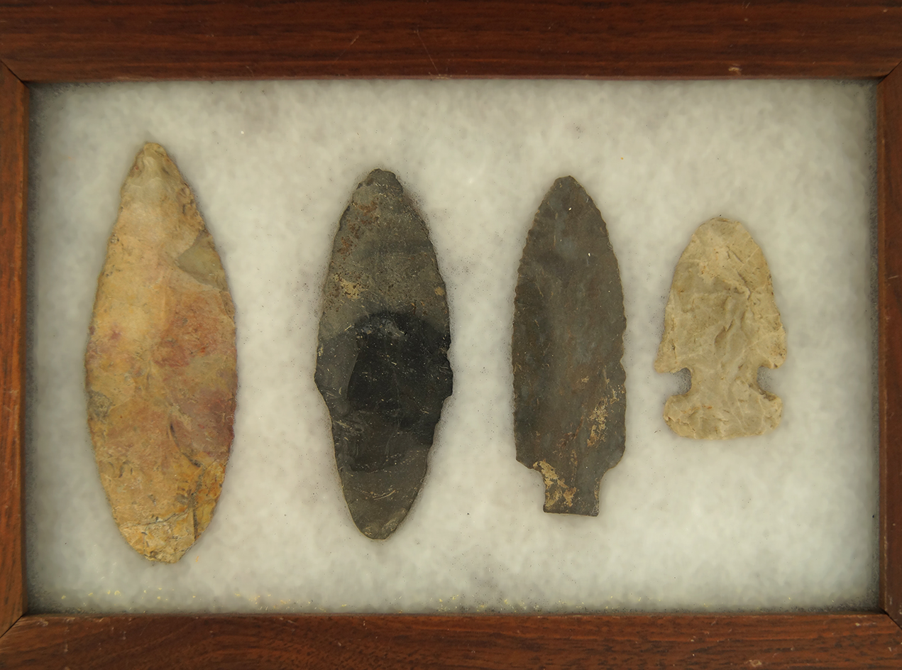 Frame of 4 nice Ohio Flint Artifacts including a 4 1/8" colorful blade.