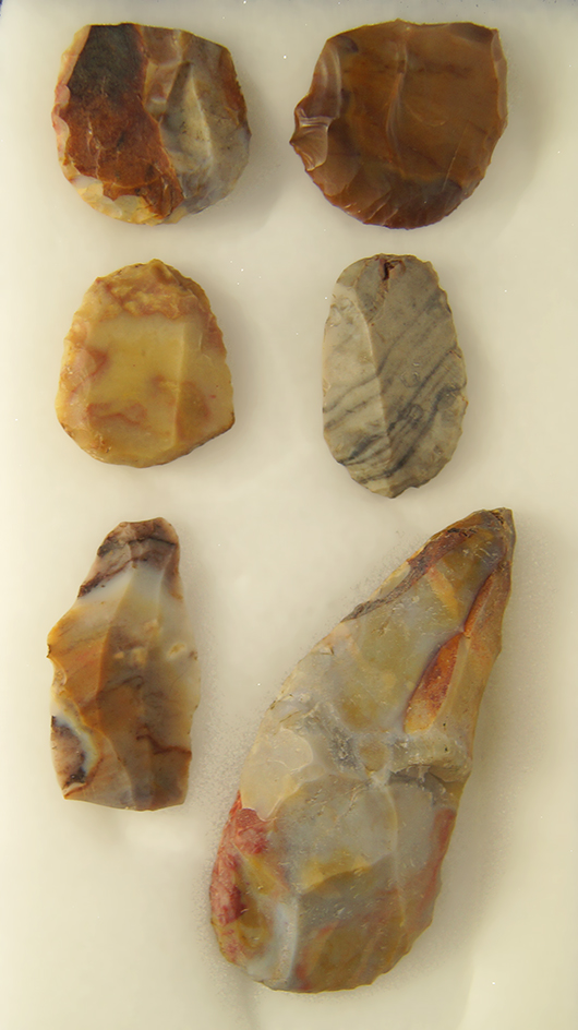 Set of 6 Colorful Flint Ridge Flint Scrapers, largest is 3".