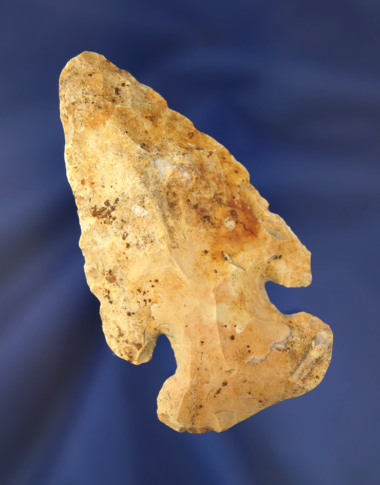 3 1/8" Archaic Thebes that is heavily patinated found in Ohio. Some box nicks to one blade