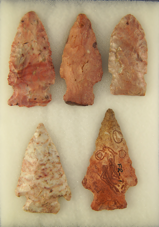 Set of five colorful Ohio Arrowheads, largest is 2".