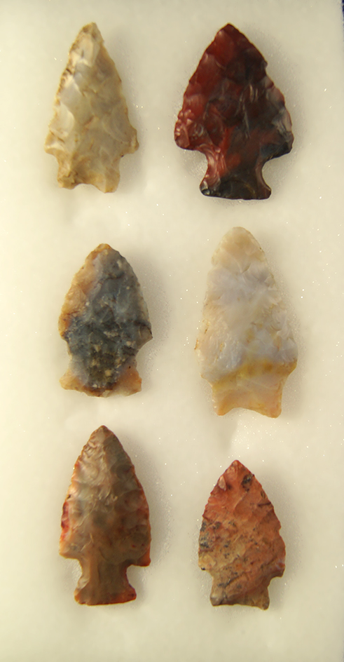 Set of 6 Colorful Flint Ridge Flint Ohio Arrowheads, largest is 1 13/16".