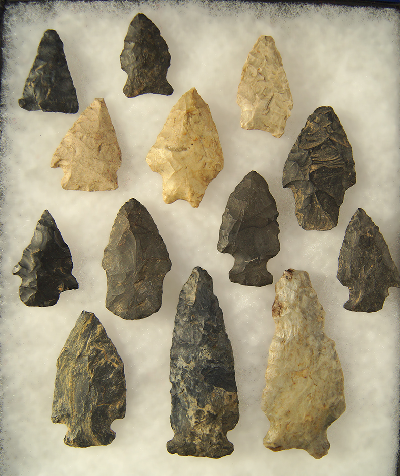 Group of 13 Assorted Arrowheads, largest is 2 7/8" - found near Fredericktown, Knox Co., Ohio.