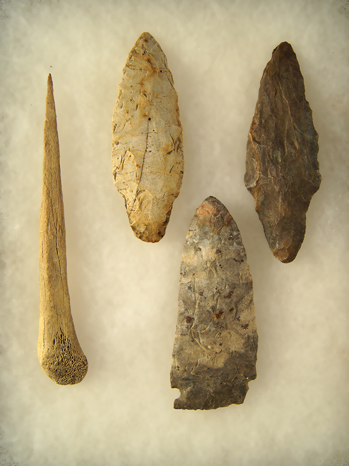 Set of 3 Flint Arrowheads and one Bone Awl, largest is 4 7/8" found in Knox Co., Ohio.