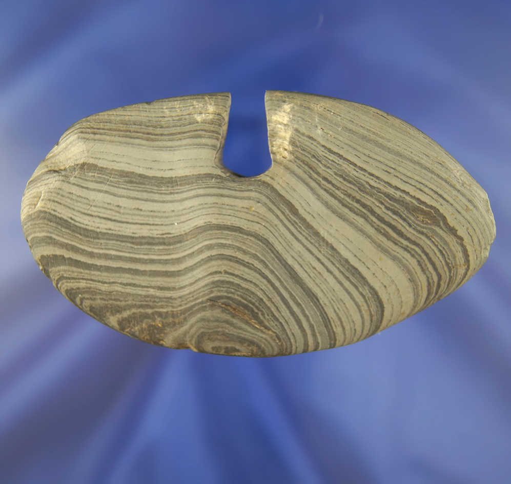 Rare style! 4 5/8" Banded Slate Single Notch Bannerstone found in Darke Co., Ohio in 1998.