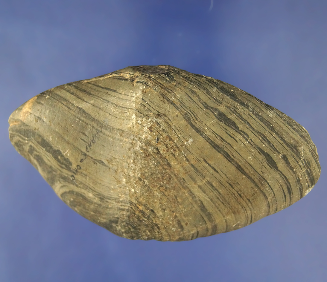 5" Wide Banded Slate Bannerstone Preform that is partially drilled - Richland Co., Ohio.