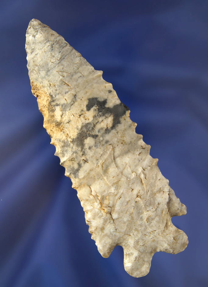 4 5/8" Archaic Serrated Bifurcate  Coshocton Flint - Morrow Co., Ohio.  Bennett COA.