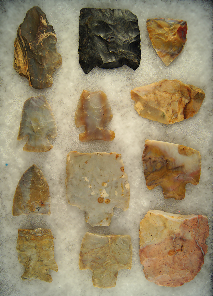 Set of 12 Assorted "Heartbreaker" Colorful Arrowheads found in Ohio. Largest is 2 3/4".