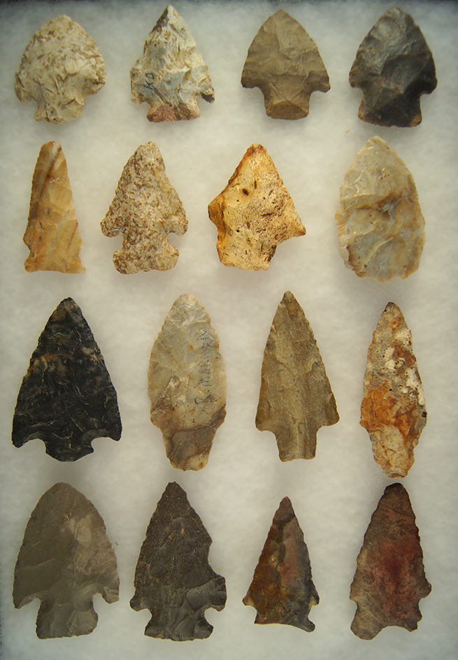 Set of 16 Assorted Arrowheads found in Ohio. Largest is 2 5/8".