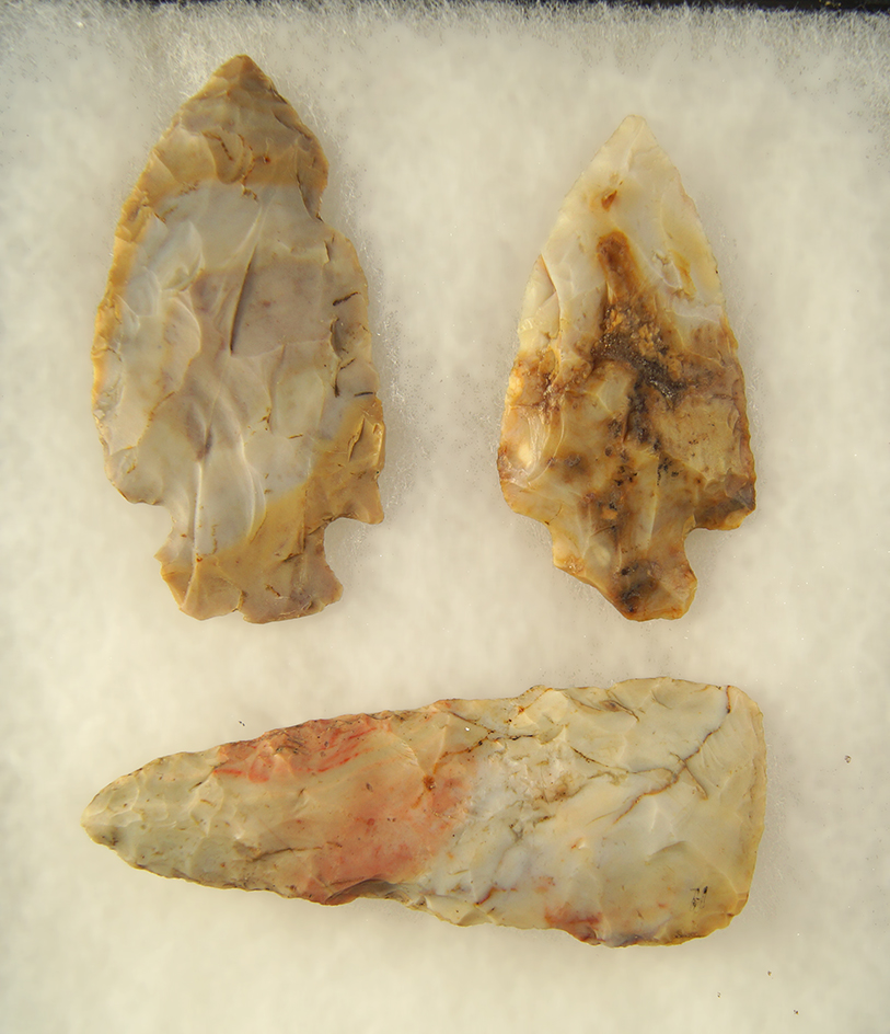 Set of 3 colorful Flint Ridge Flint Artifacts. Largest is 4".
