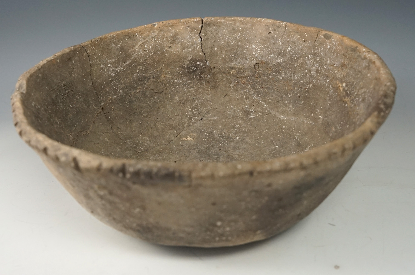 8" Diameter by 3" Tall Piecrust Shell-tempered Clay Bowl with one large piece reattached.