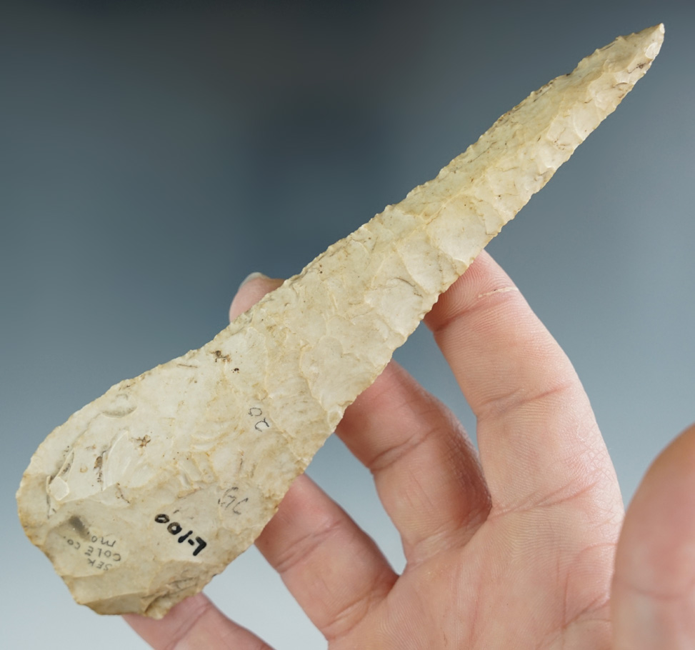 Large 5 11/16" Cobb's Knife found in Cole County Missouri. Steeply beveled, near drill form.