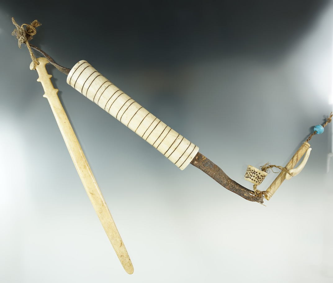 Unique! Bone Awl, case and beads found in Alaska. Bone Awl measures 7 3/4". Davis G-9 COA.