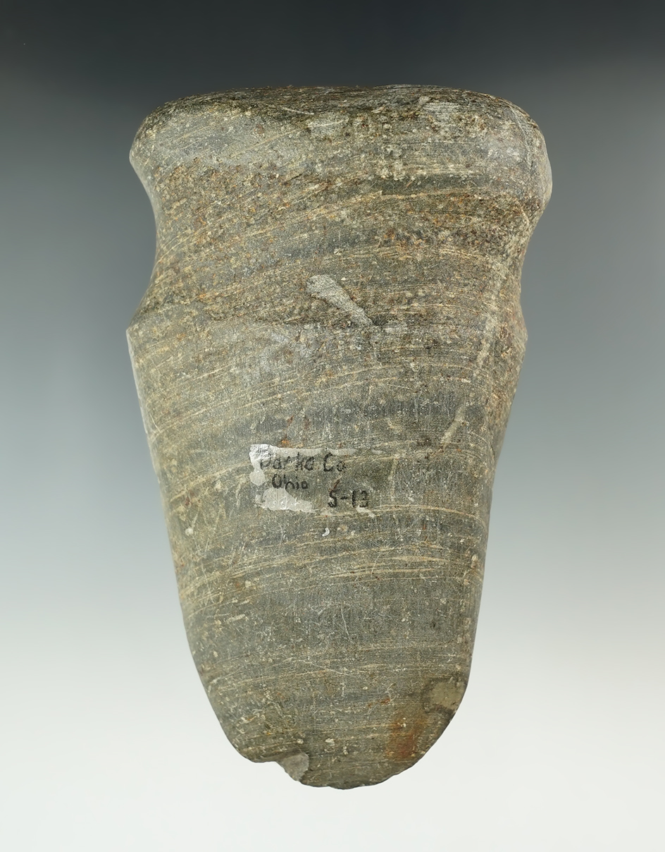 5 5/8" Full Grooved Archaic Axe made from Banded Slate. Found in Darke Co., Ohio.