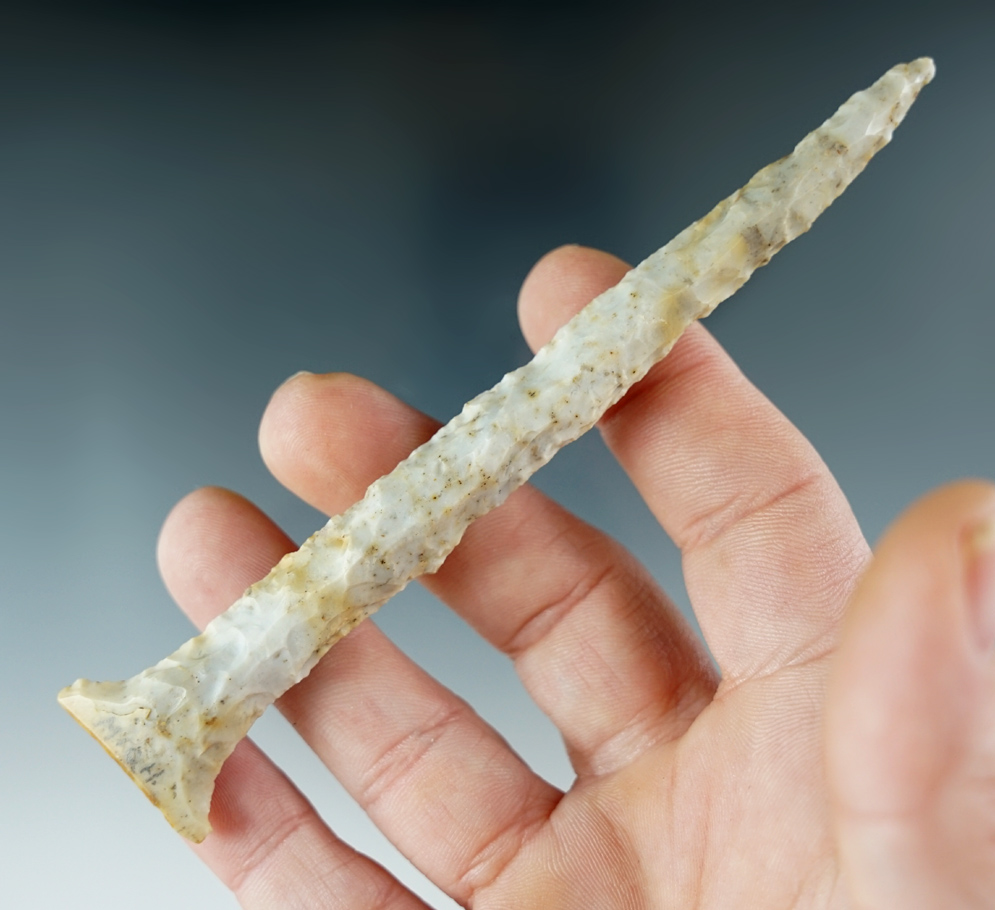 4 13/16" Archaic "T" Drill made from Flint Ridge Flint, Michigan. Ex. Mitch Lewis. Rogers COA.