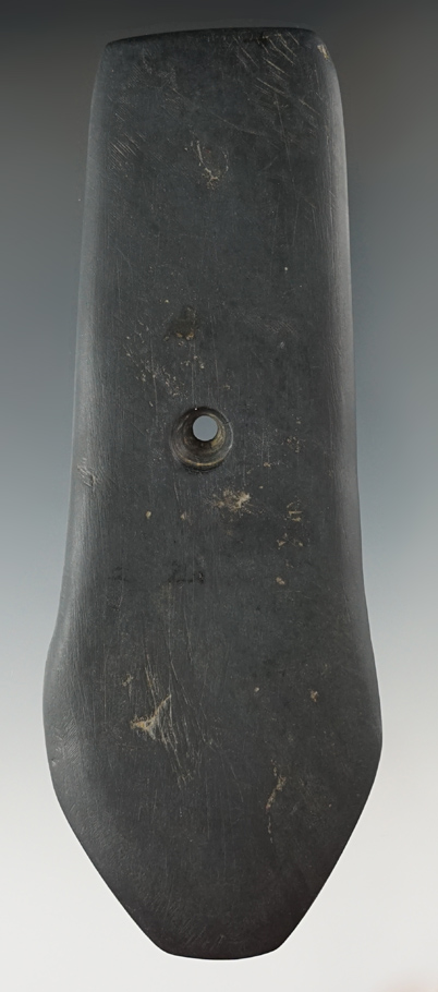 5 3/16" Black Slate Pentagonal Pendant found in Columbia Co., Indiana. Ex. David Root #2401S.