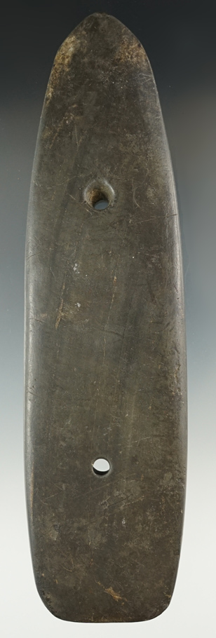 Large 7" Glacial Kame Two-Hole Coffin Gorget. Ex. Cameron Parks. Found in Steuben, Indiana.