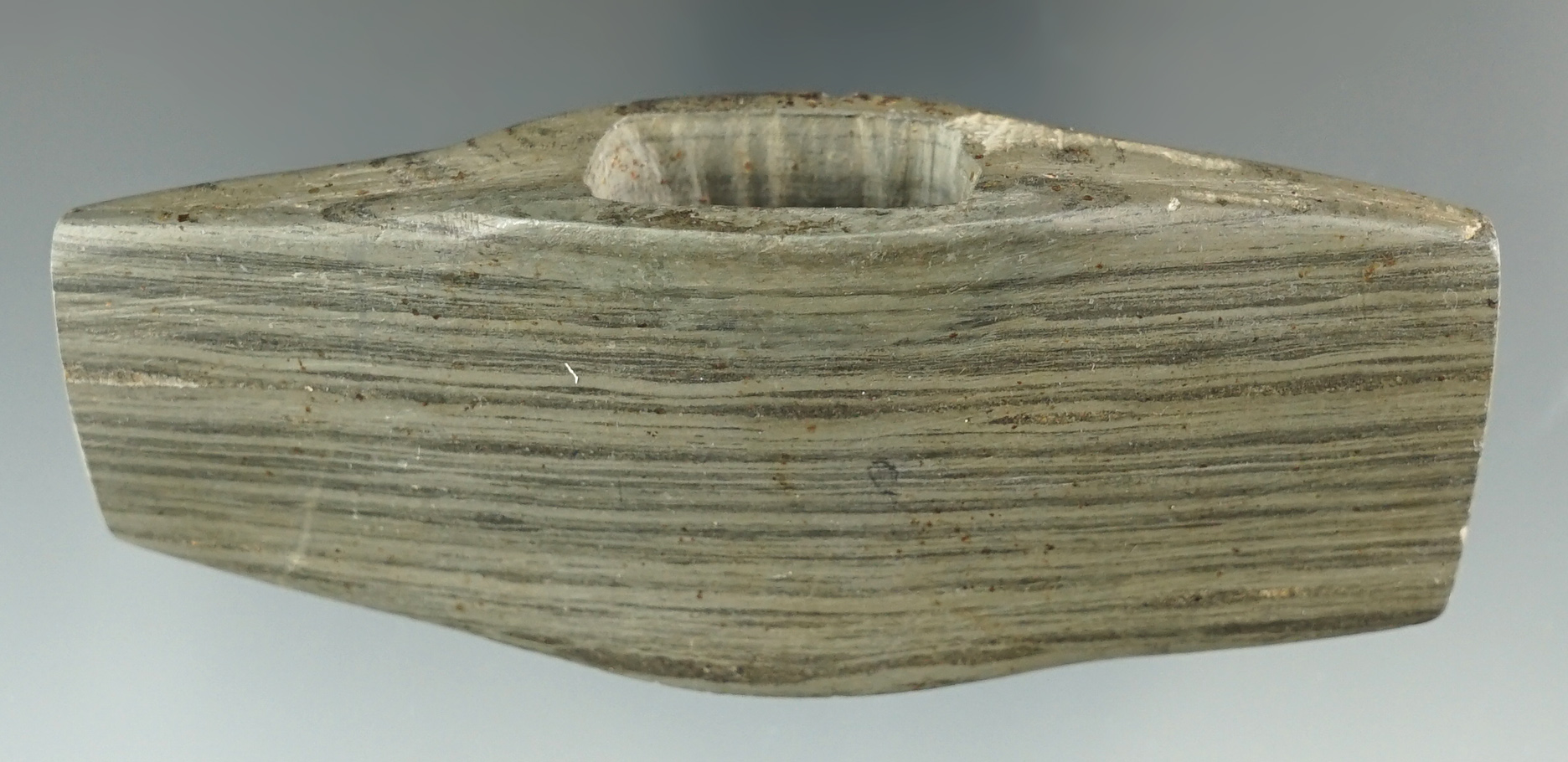 3 7/8" Highly styled Panel Bannerstone made of Banded Slate. Found in Hancock Co., Ohio.