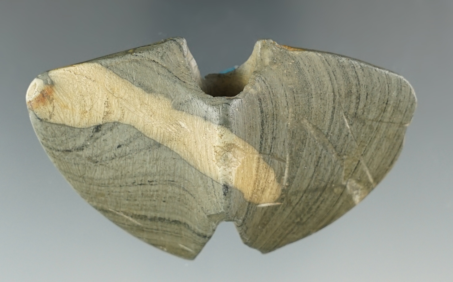 3" Miniature Double Notched Butterfly Bannerstone - great patina. Found in Ashland Co., Ohio.