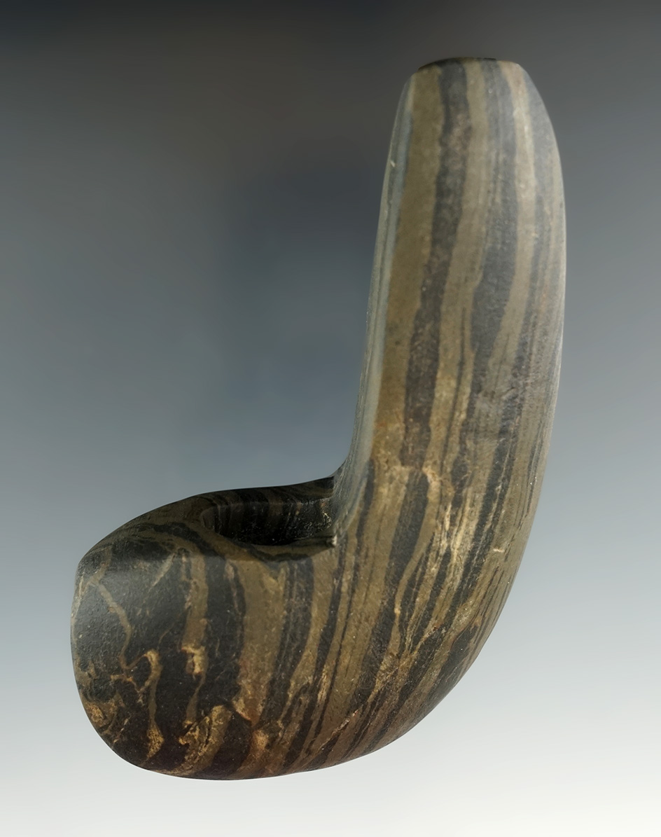 3 1/2" Classic Geniculate Bannerstone made from Banded Slate. Southern Michigan. Ex. Waigle.