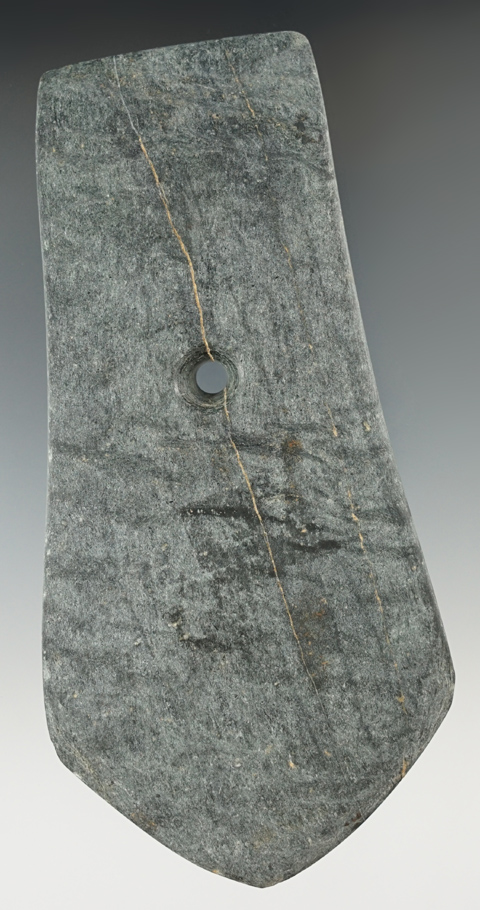 5 1/2" Pentagonal Pendant made from Schist found in Pike Co., Indiana. Ex. Shoe, Root #1706s.
