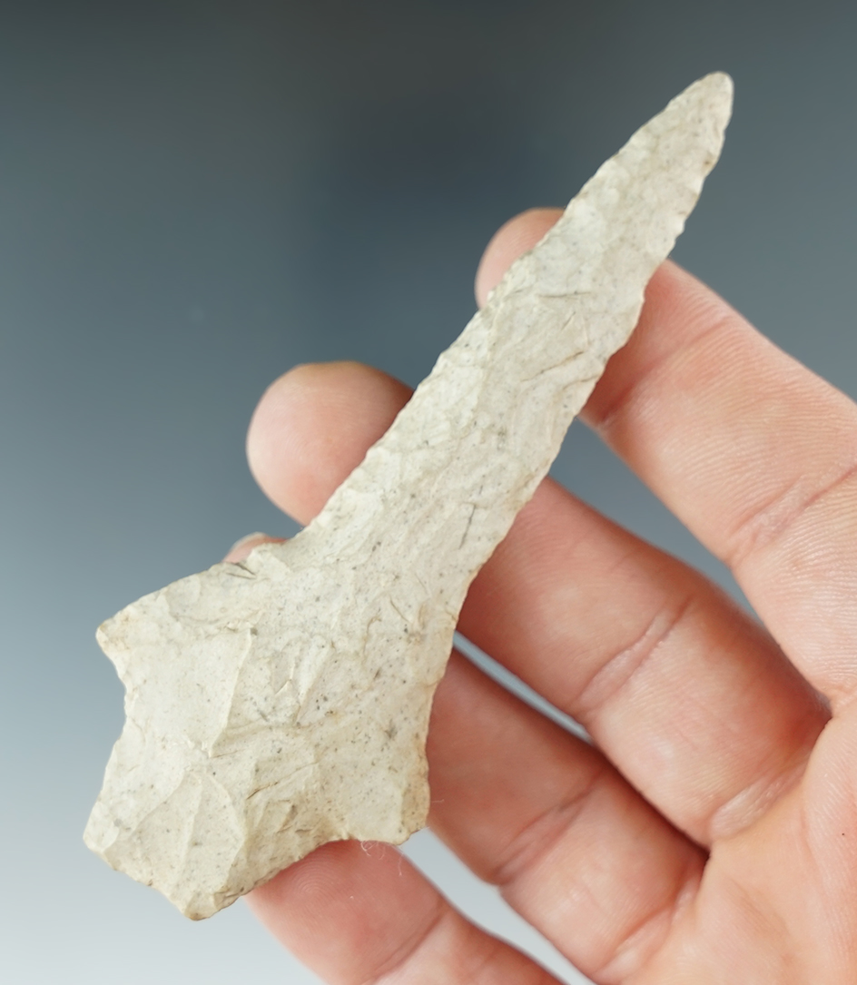 3 5/16" Hidden Valley Drill made from Burlington Chert. Found in Polk Co., Illinois. Ex. Wagner.