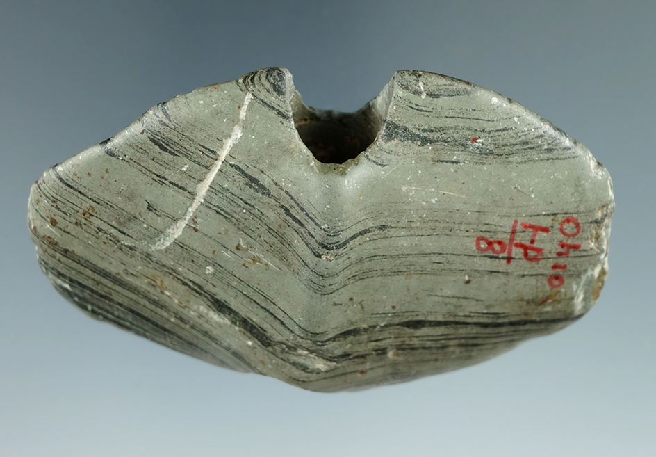 Heavily patinated 3 3/16" Winged Bannerstone made from Banded Glacial Slate found in Ohio.