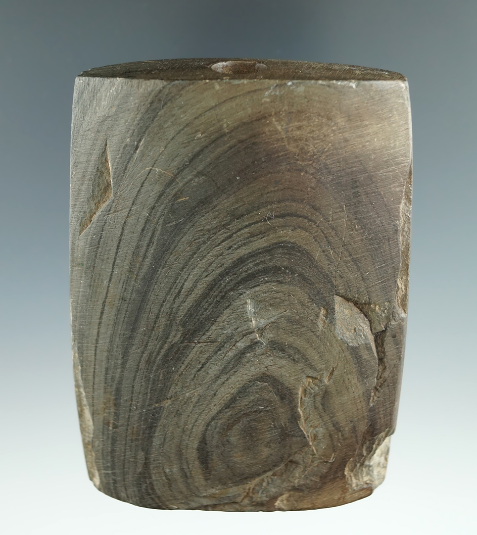 3 3/8" Partially drilled Prismoidal Bannerstone made from Banded Slate found in Ohio.