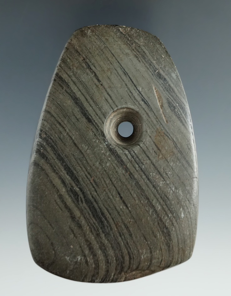 3 3/4" Adena Trapezoidal Pendant made from Banded Slate, found in DeKalb Co., Indiana. Ex. Parks