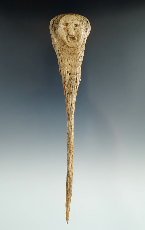 Exceptional! 6 1/4" long carved Antler Hairpin with maskette that is solid in excellent condition. N