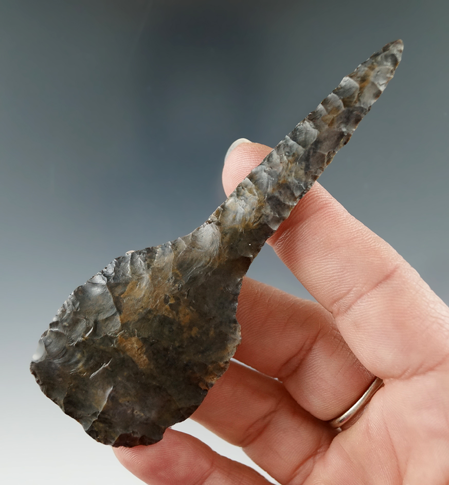 3 15/16" Chocolate patinated Coshocton Paleo Drill, rare form!  Putnam Co., Ohio. Ex. Dick Johnson