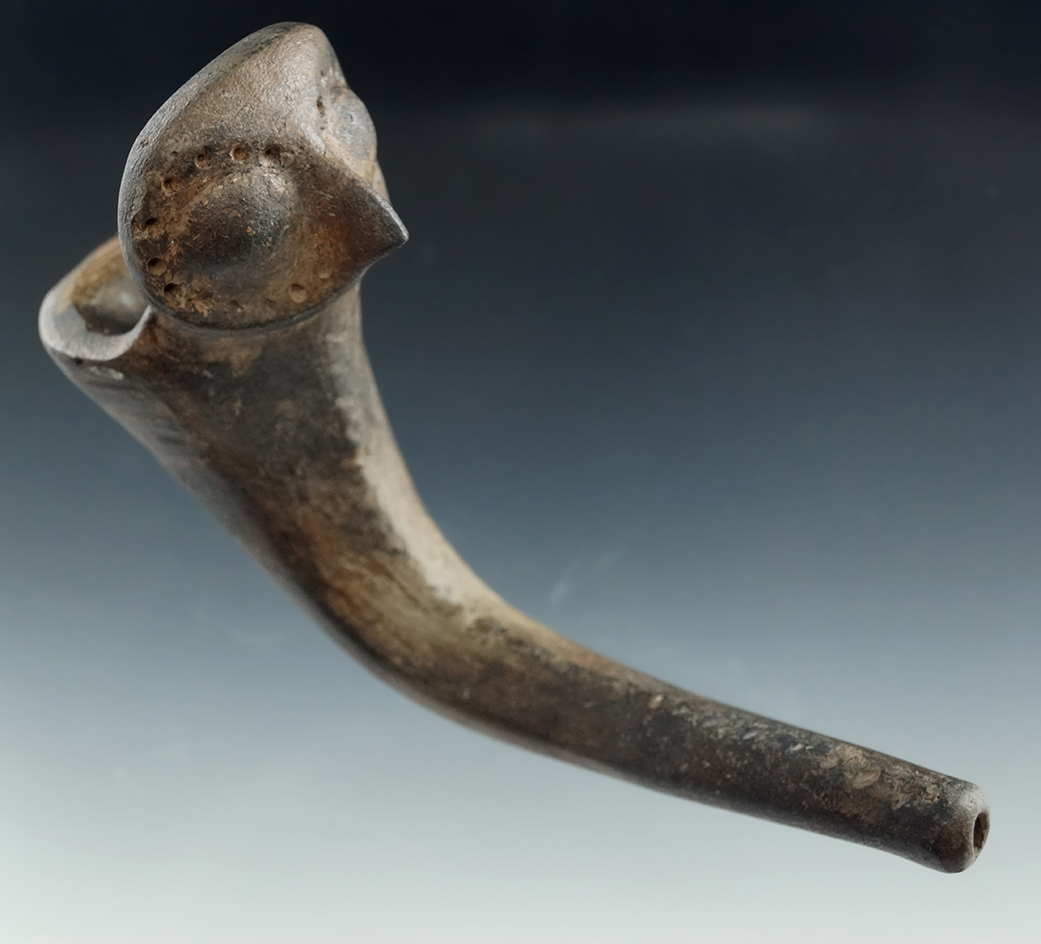 5 1/2" Long Owl Effigy Clay Iroquois Pipe - mended elbow and some restoration to bowl. New York.
