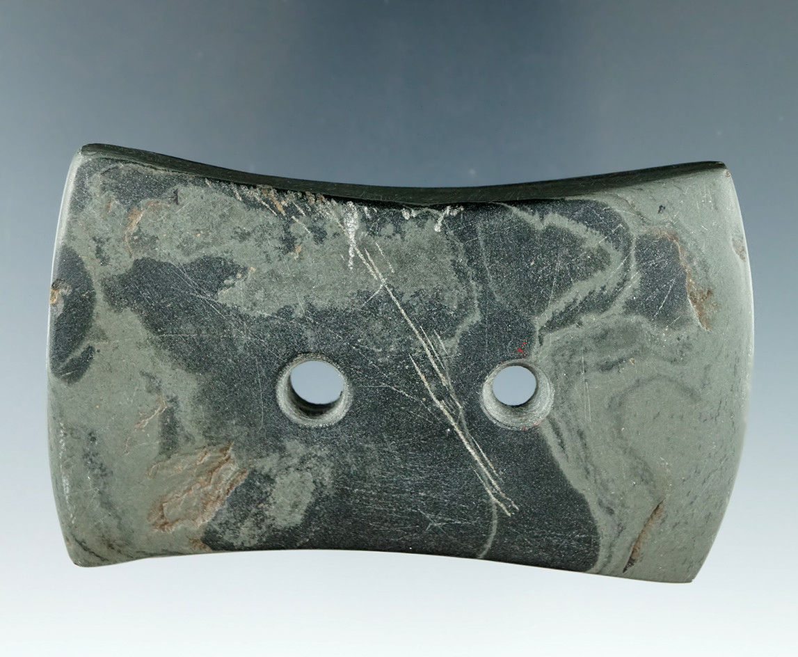 3 1/8" Hopewell Bi-Concave Gorget made from Mottled Slate, found in Genesee Co., Michigan.