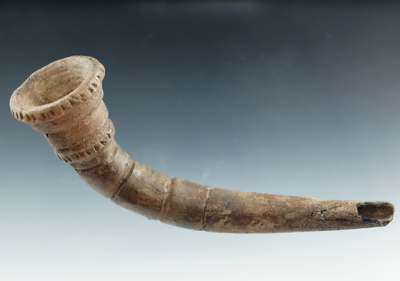 5 1/4" Clay Iroquois Trumpet Pipefound near Watertown, Jefferson Co., New York.