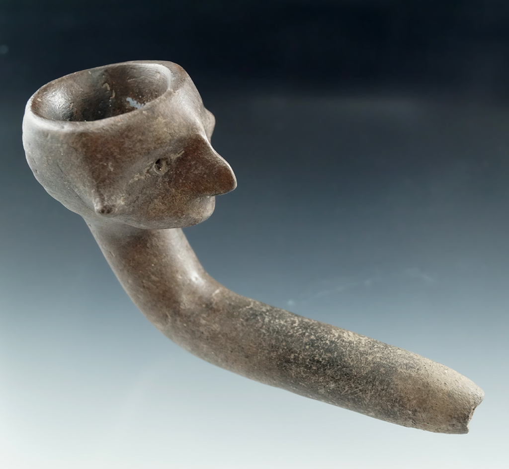 Well styled 4 5/8" Iroquois Human Effigy Ring Bowl Clay Pipe found in Simcoe Co.,, Ontario, CA