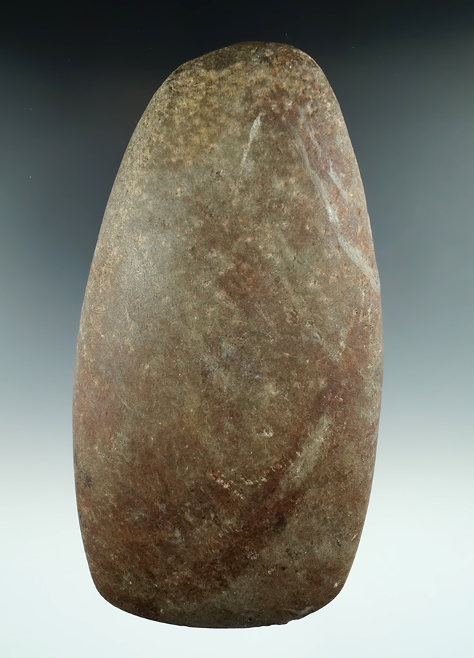 Large 6 1/8" well polished Quartz Celt found in Trigg Co., Kentucky. One re-glued chip to bit.