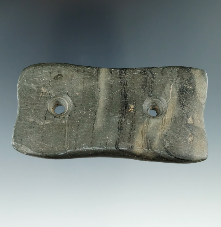 3 1/4" Hopewell Reel Gorget made from Banded Slate. Found nearKosciusko Co., Indiana. Ex. Parks