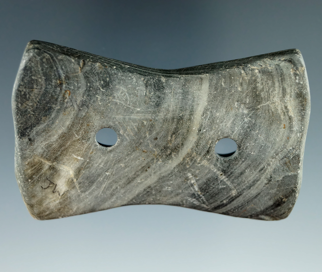 2 3/4" Bi-Concave Gorget made from green banded slate found in Pike Co., Illinois.  Jackson COA.